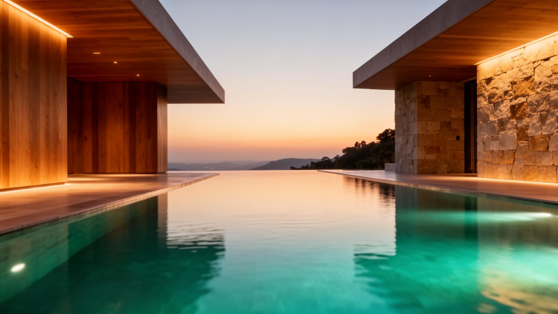 Luxury aquatic wellness pool at dusk